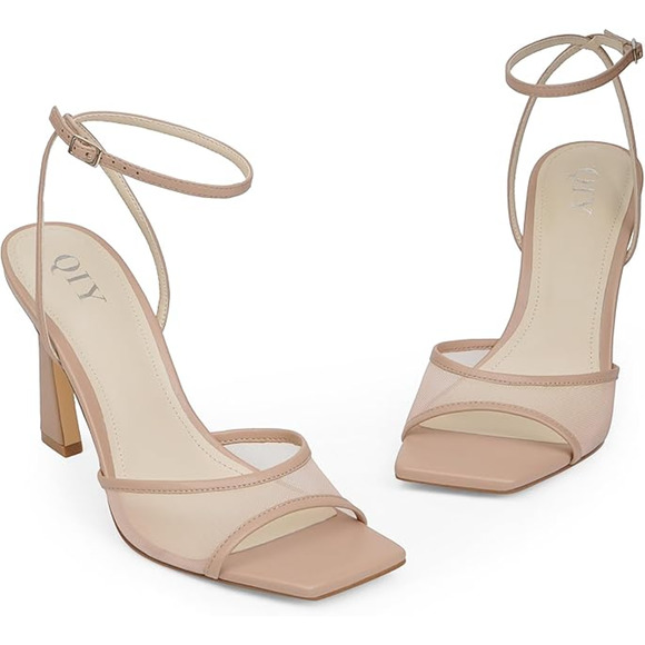 Nude Mesh Ankle Strap Stiletto Strappy High Heels Square Toe Y2K Revival Size 7 - Picture 4 of 7